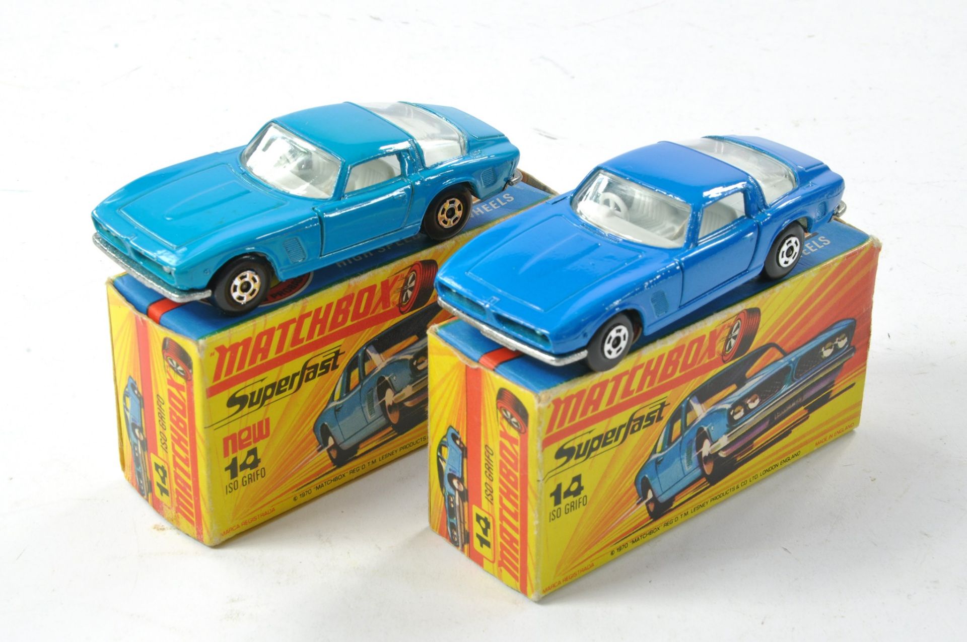 Matchbox Superfast No. No. 14a Iso Grifo x 2. Light and Darker Blue bodies, clear windows, off white