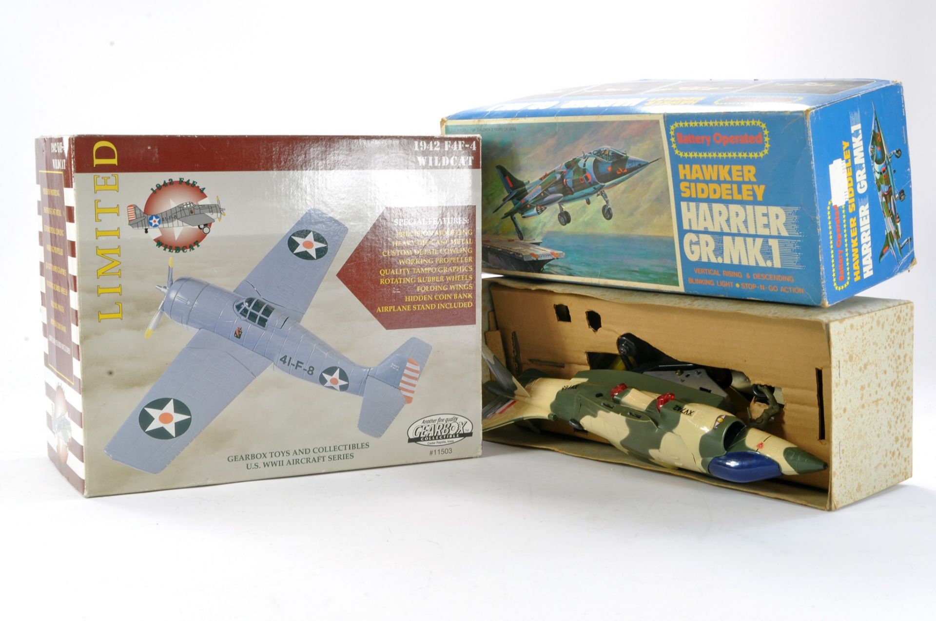 Gearbox Collectibles 1942 F4F Wildcat plus Battery Operated Hawker Siddeley Harrier (looks