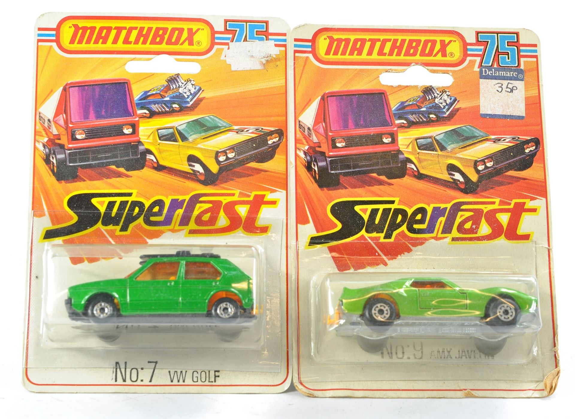 Matchbox Superfast duo of blister packs including VW Golf and AMX Javelin. Excellent on fair to good