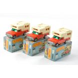 Matchbox Superfast No. 38d Camper Van x 3. Red with unpainted base, dark green windows. Excellent,