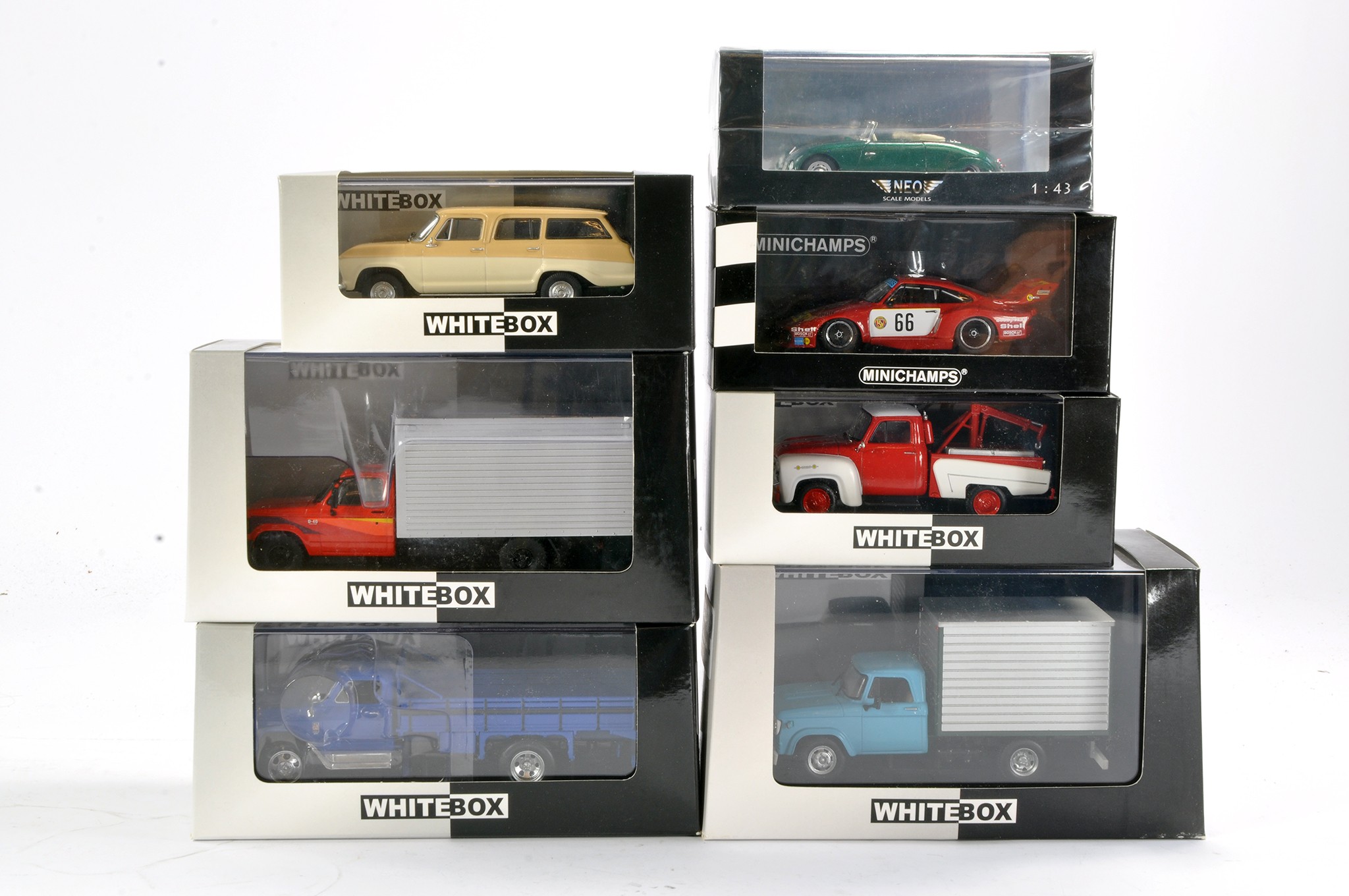 A group of five Whitebox 1/43 issues, mostly commercial plus Neo Porsche Waibel Cabrio and