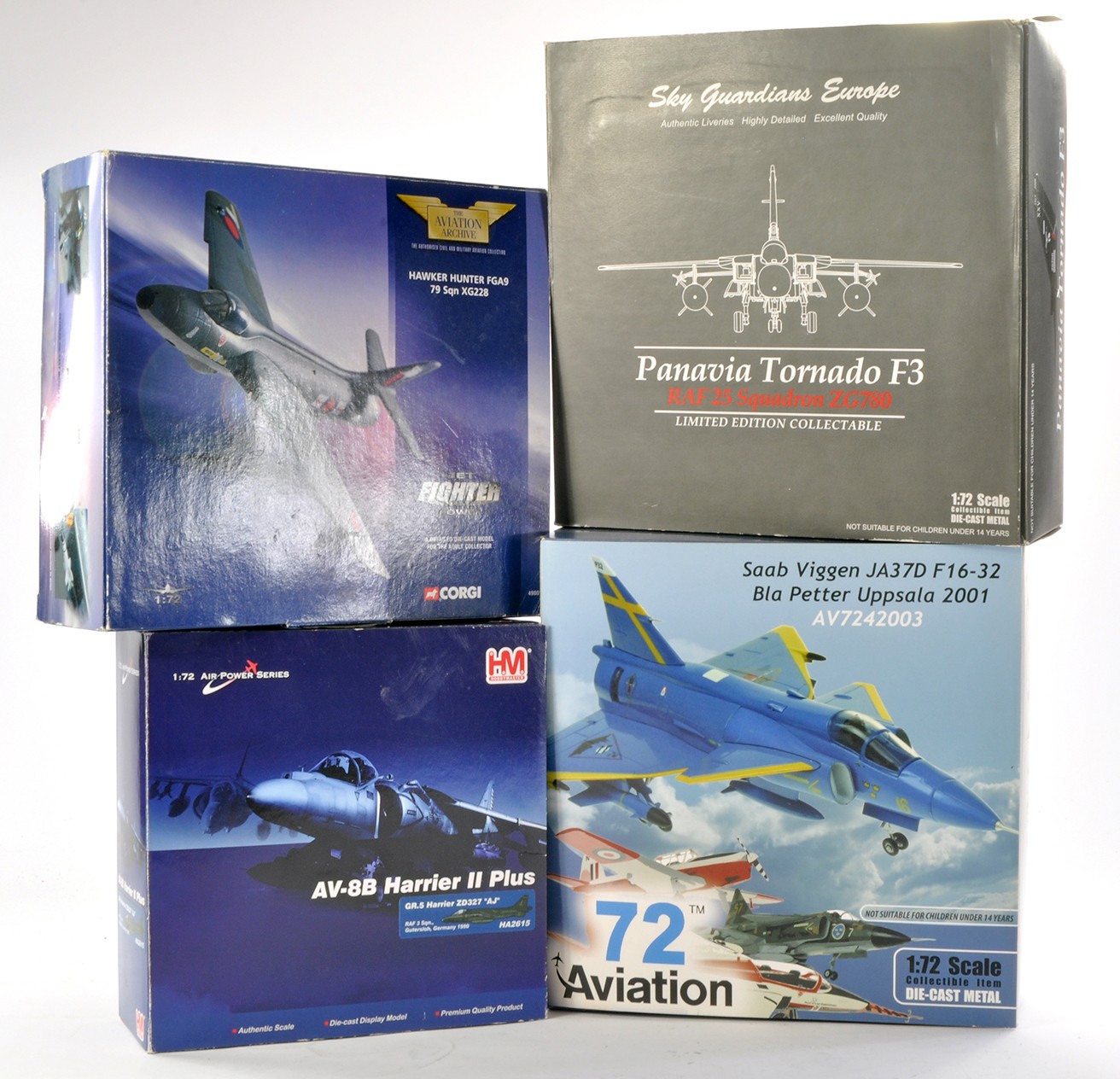 Model Aircraft group of four boxed issues including Corgi Hawker Hunter, Hobby Master Harrier, Sky