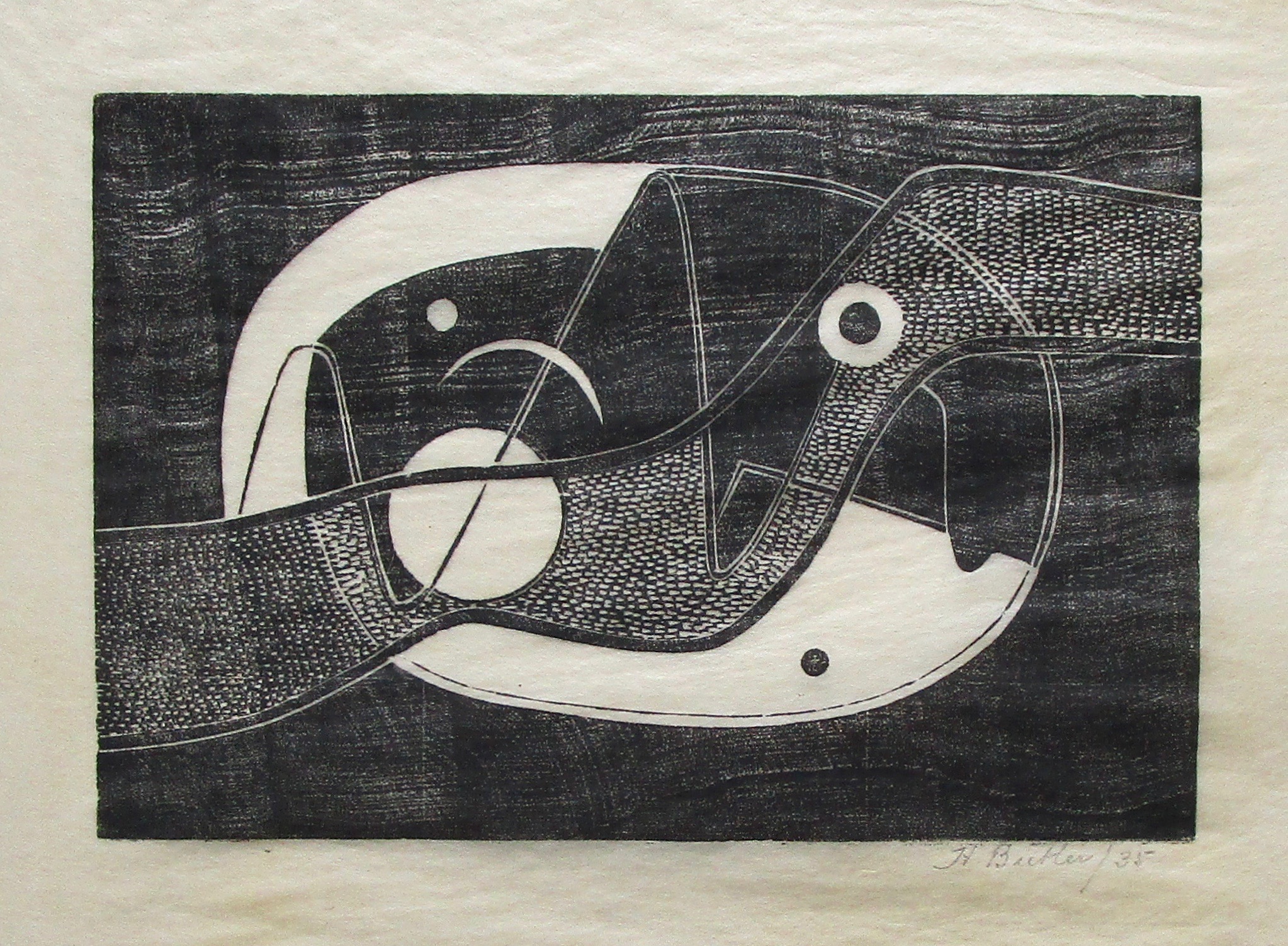 HENRY BUTLER [1882-1967]. Untitled, 1935. Woodcut on tissue paper mounted onto card. Signed