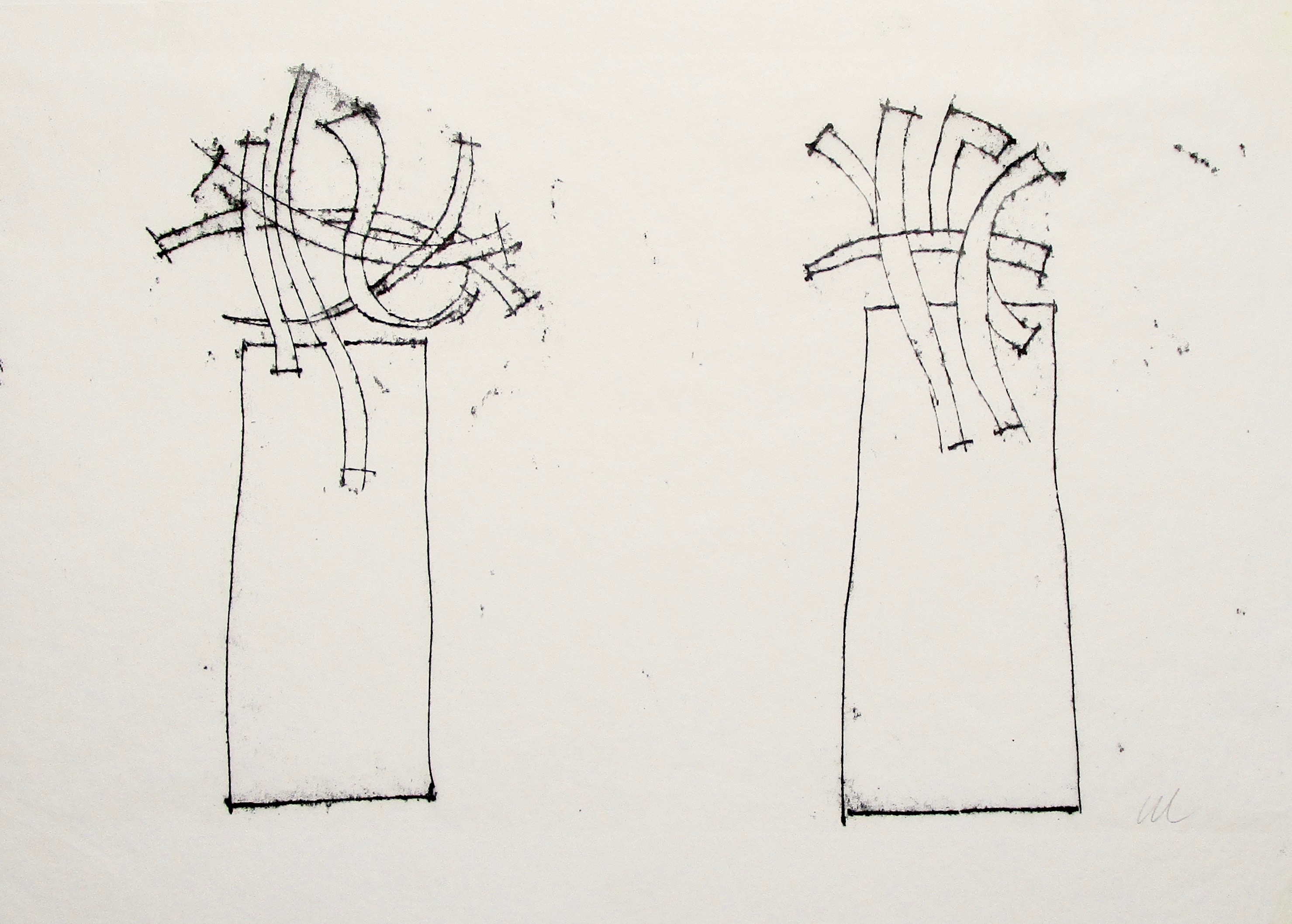 GEOFFREY CLARKE RA [1924-2014]. Untitled [Two Standing Forms with Twisted Tops], 1965. Monotype on