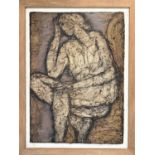 JOHN EMANUEL [1930 - ]. Seated Figure, c. 1980. oil on thick handmade paper, laid on board.