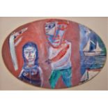 PATRICK HAYMAN [1915-88]. Lovers by the Sea - with a White Ship, 1981. tempera on an oval board.