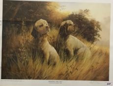 AFTER JONATHON SAINSBURY "Spaniel and pheasants in a woodland", colour print, limited edition No'd.