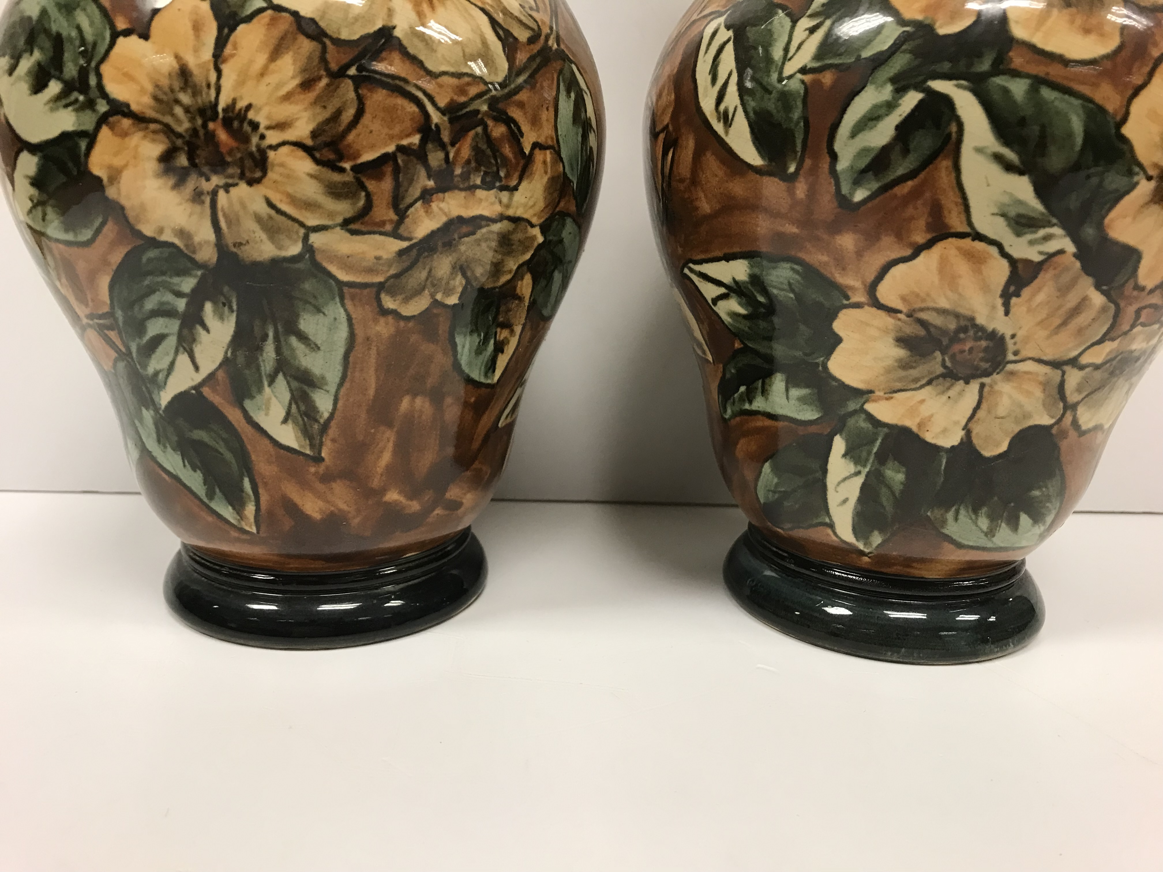 A pair of Doulton Lambeth faience ware vases, the brown ground set with floral decoration, - Image 5 of 22