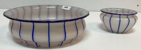 An early 20th Century glass bowl with blue line decoration inscribed "Patent No.