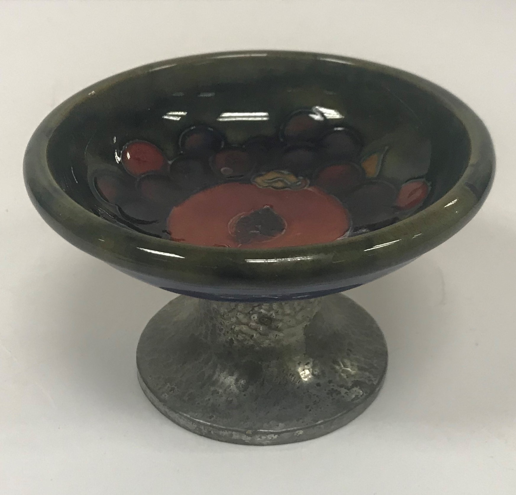 A Tudric Moorcroft pomegranate pattern pedestal bowl of small proportions the pewter base stamped - Image 2 of 17