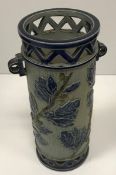 A C J C Bailey Fulham Pottery stoneware twin-handled vase with holly leaf and pierced decoration