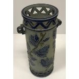 A C J C Bailey Fulham Pottery stoneware twin-handled vase with holly leaf and pierced decoration