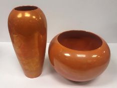 A Moorcroft orange lustreware baluster vase 27 cm high together with a matching bowl 16 cm high