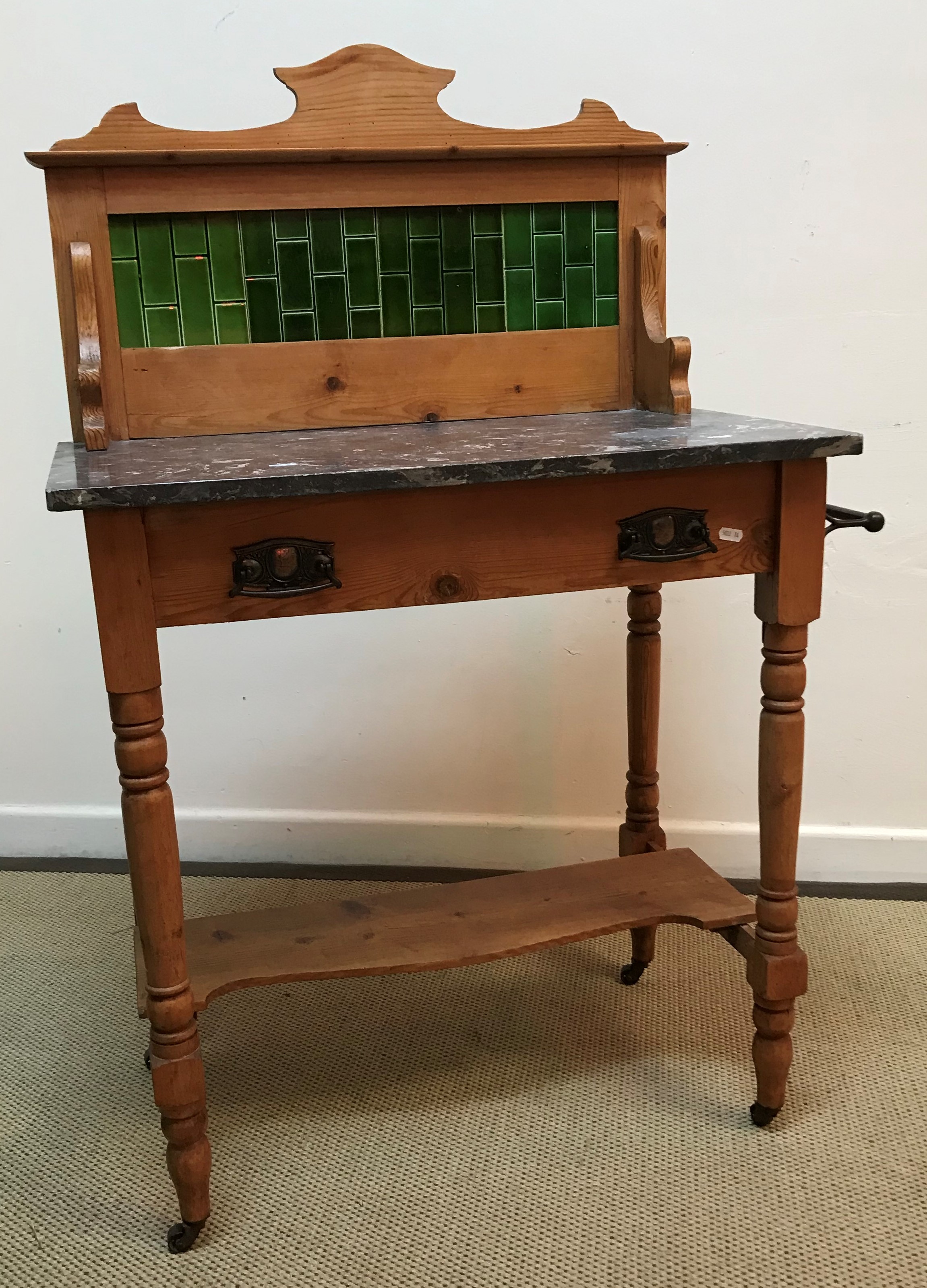 A late Victorian pine washstand with marble top and tiled back 76 cm wide x 45 cm deep x 121 cm