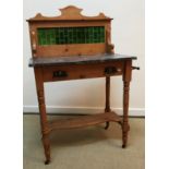 A late Victorian pine washstand with marble top and tiled back 76 cm wide x 45 cm deep x 121 cm