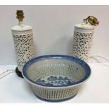 A Chinese blue and white chestnut basket with pierced sides,