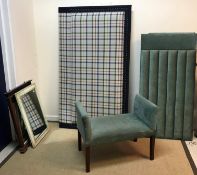 A modern Bampton design upholstered window seat on square tapered legs 91 cm wide x 52 cm deep x 70