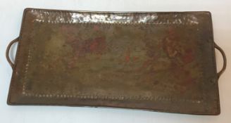 A John Pearson copper twin-handled tray of plain rectangular form,