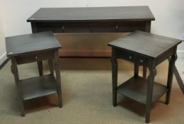 A modern silvered two drawer side table on square tapered legs 130 cm x 53 cm x 75 cm high