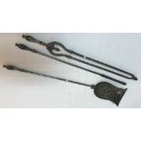 A set of three 19th Century polished steel fire tools comprising tongs, poker and shovel,