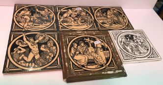 A collection of six Minton's tiles depicting various scenes and people comprising Stav Gust Ine,