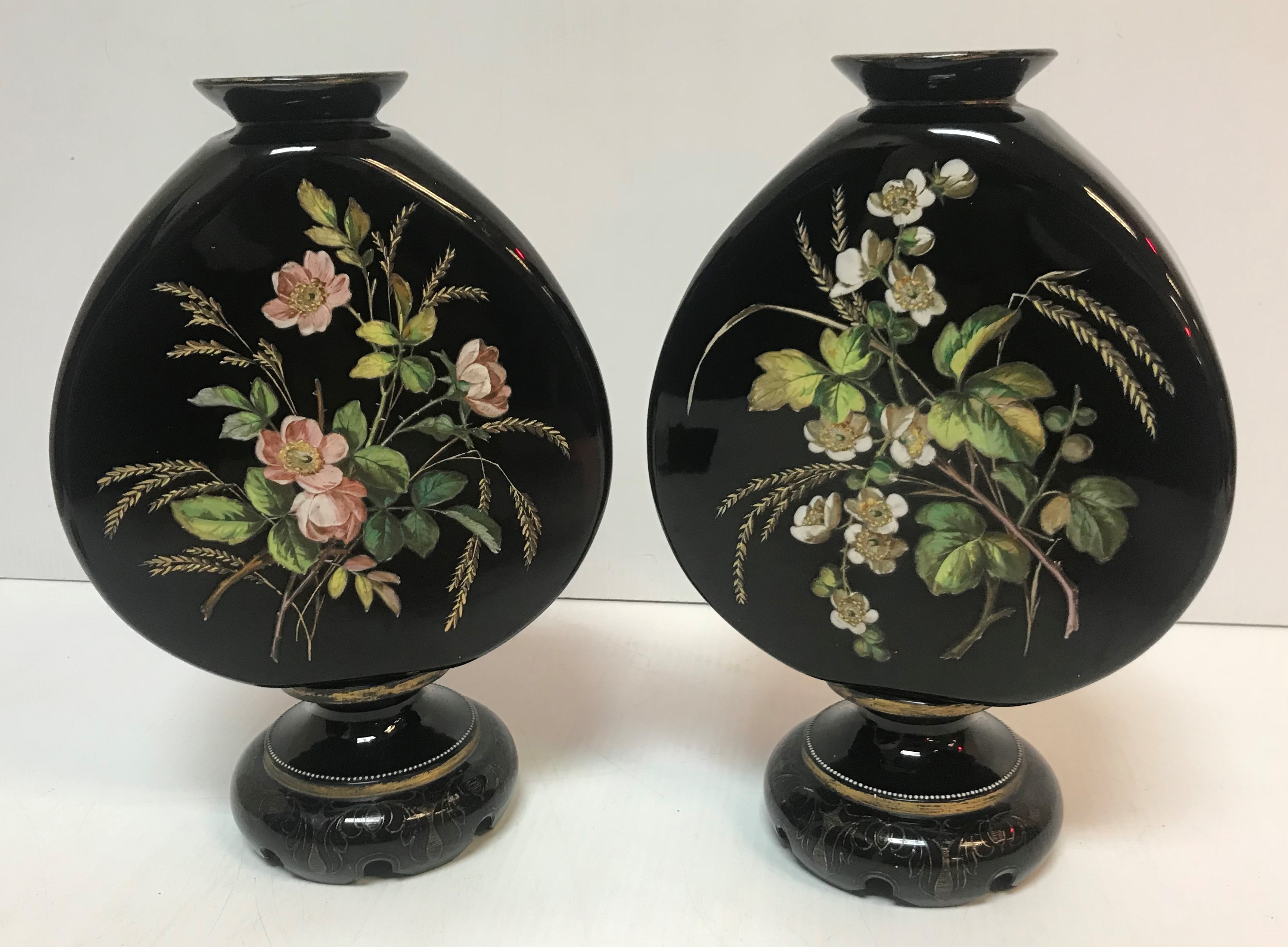 A pair of Victorian black glass vases with enamelled decoration depicting dead birds besides egg - Image 2 of 2