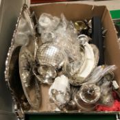 A box of assorted plated wares to include a twin handled tray, rose bowl, entrée dish,