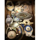 A box of various Continental china wares including French faience milk jug by Quimper,