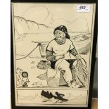 ERN SHAW "Golly and Teddy approaching a fisherman, mending nets", pen and ink, signed lower left,