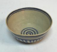 An Omega Workshops (possibly Roger Fry) bowl with blue and white striped decoration and Omega mark