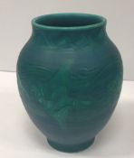 A W S Mycock for Pilkington's Royal Lancastrian turquoise decorated relief vase with fish banding,