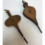 Two pairs of elm mounted leather bellows,