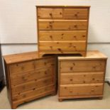 A collection of modern pine bedroom furniture including a chest of two short over three long