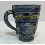 An Edward Bingham Castle Headingham pottery mug inscribed "Henricus Septimus" with various