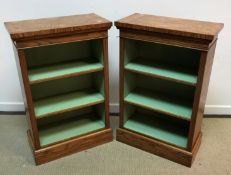 A pair of modern burr oak and cross banded open bookcases in the 19th Century style,