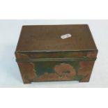 An Arts & Crafts hinge lidded box/casket with copper and brass decoration depicting buildings in a