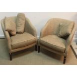 A pair of modern fawn upholstered tub chairs on square tapered legs 70 cm wide x 77 cm high