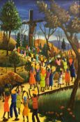20TH CENTURY HAITIAN SCHOOL “Figures parading before a crucifix”, oil on canvas,