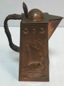 A Newlyn School embossed copper tapered square jug decorated with fish and Viking longship stamped