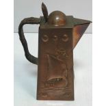 A Newlyn School embossed copper tapered square jug decorated with fish and Viking longship stamped