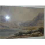 ATTRIBUTED TO DAVID COX “Mountainous lake landscape with tower in mid ground”, watercolour,