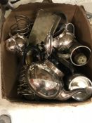 Two boxes of assorted plated wares to include various tankards, toast racks, rose bowls,