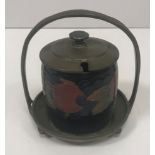 A Moorcroft fruit decorated conserve pot with hammered pewter basket type base and lid - Liberty