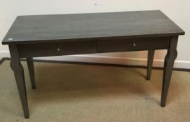 A set of three modern silver painted two drawer side tables on square tapered legs 130 cm wide x 53