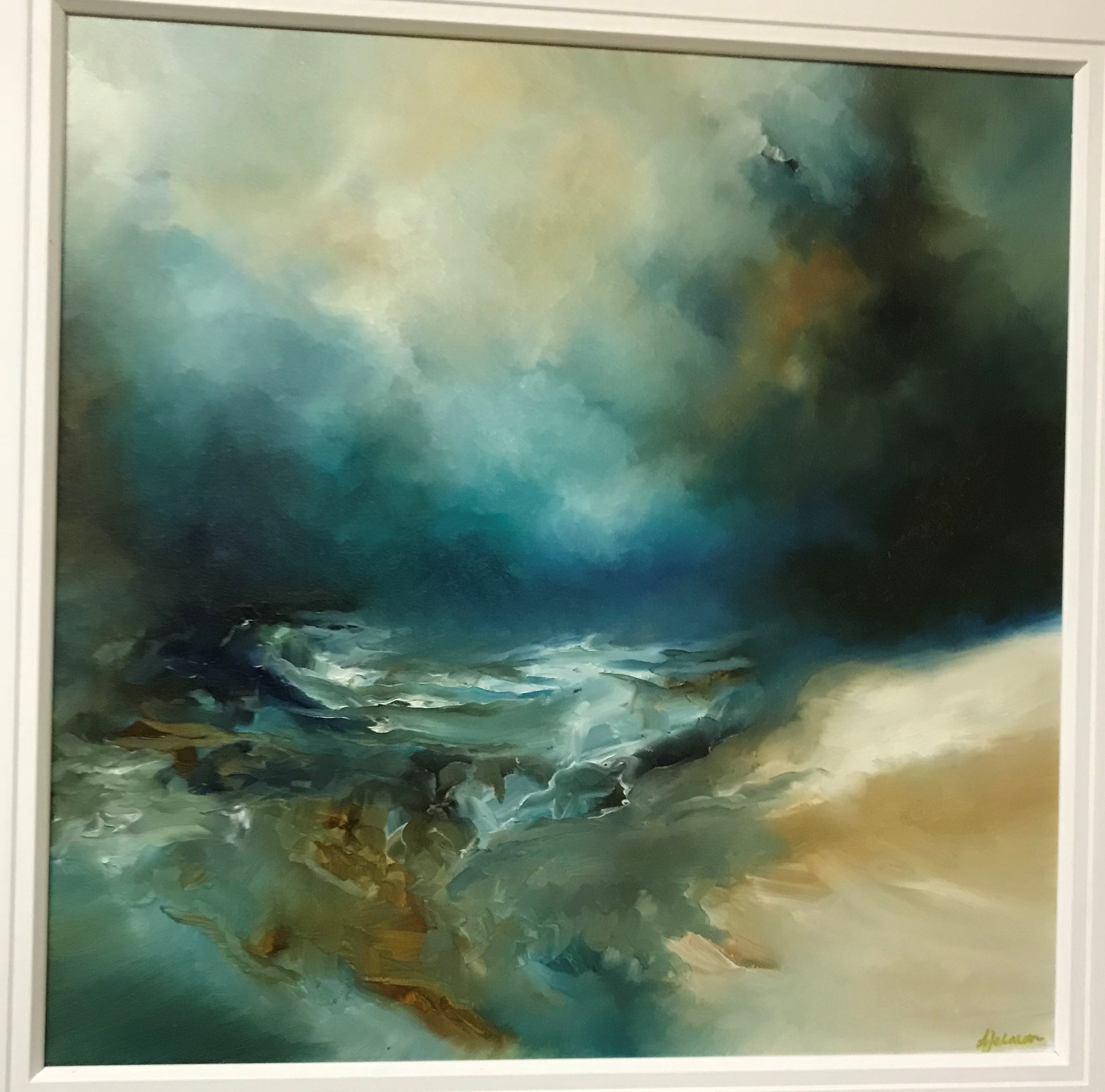 ALISON JOHNSON “Placate”, a stylized coastal landscape, oil on canvas, signed lower right,