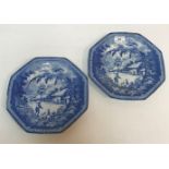 A pair of 19th Century Brameld pearlware transfer decorated octagonal plates in woodsman pattern,