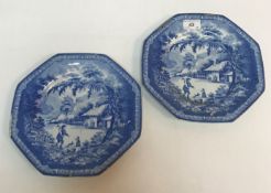 A pair of 19th Century Brameld pearlware transfer decorated octagonal plates in woodsman pattern,