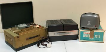 A collection of various vintage audio visual equipment including a Beocord 2000 Deluxe reel to reel