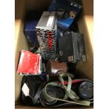 A box of various vintage and other cameras to include Brownie Junior, Ensign E28, Hitachi 12OMPX,