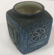 A Troika preserve pot of square form with impressed decoration signed "Troika" and initialled "JF"